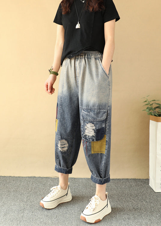 Casual Loose Gradient Color Elastic Waist Ripped Jeans Summer