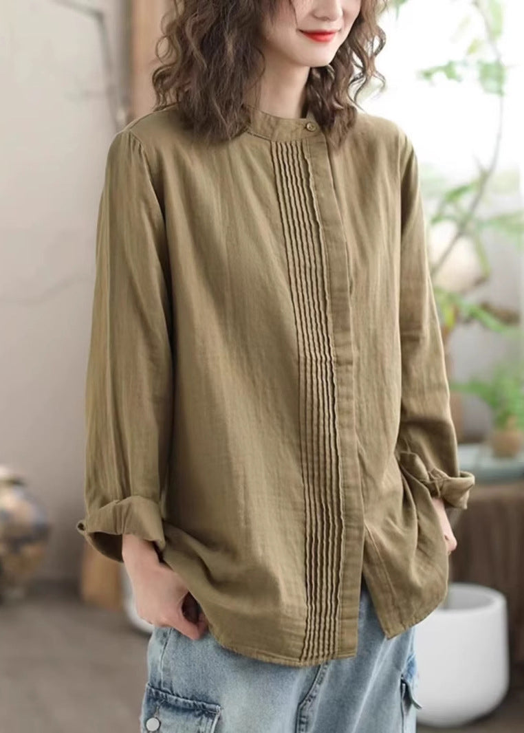 Casual Loose Khaki Stand Collar Wrinkled Cotton Shirts Top Spring