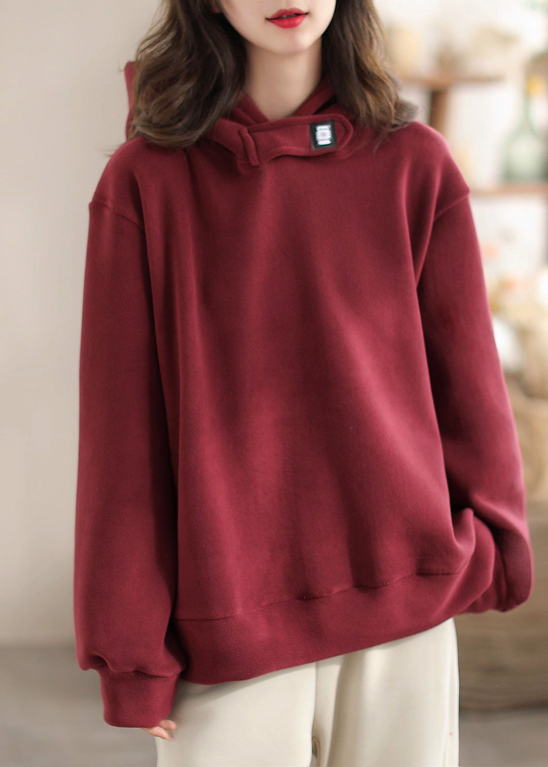 Casual Loose Red Faux Suede Hooded Sweatshirt Spring