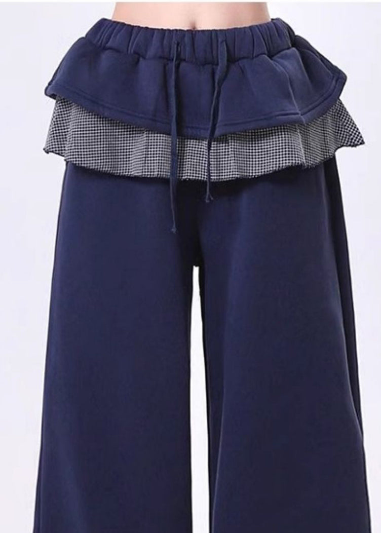 Casual Navy Elastic Waist Patchwork Ruffles Cotton Pants Spring