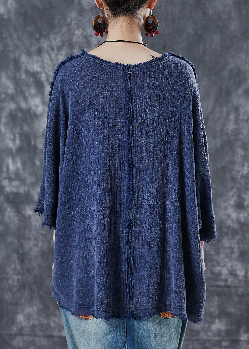 Casual Navy Oversized Patchwork Cotton Blouse Top Spring