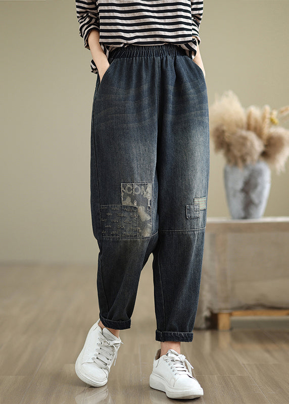 Casual Navy Pockets Applique Elastic Waist Denim Pants Fall