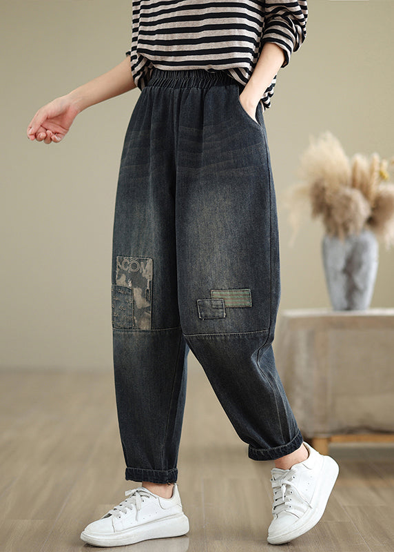 Casual Navy Pockets Applique Elastic Waist Denim Pants Fall