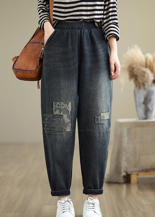 Casual Navy Pockets Applique Elastic Waist Denim Pants Fall