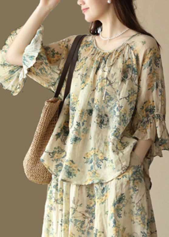 Casual O-Neck Print Tie Waist Ramie Shirts Flare Sleeve