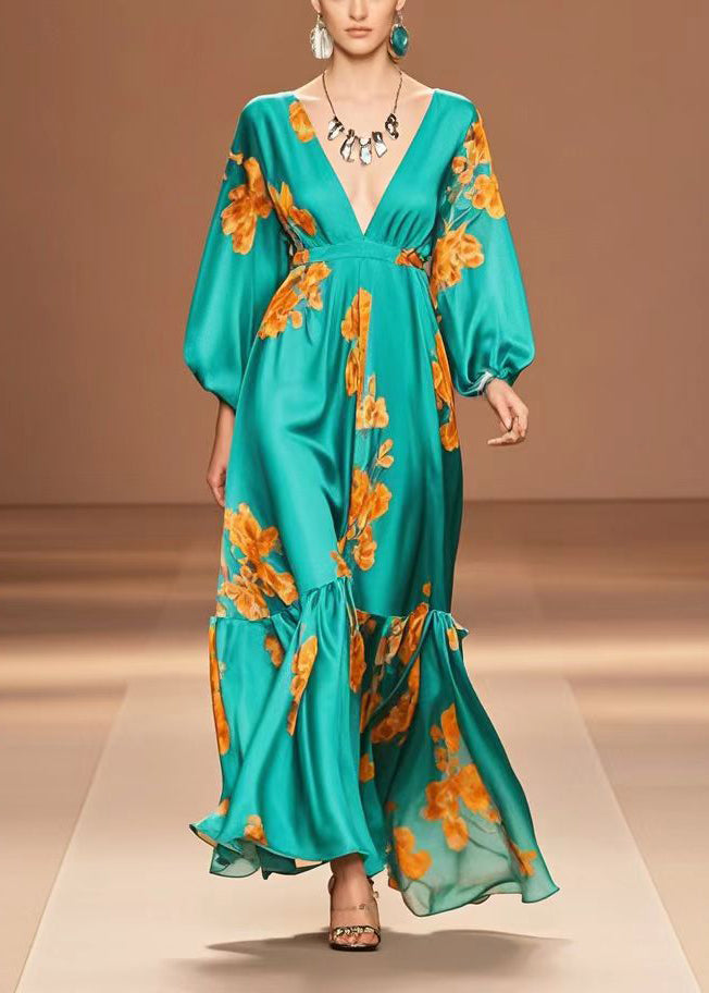 Casual Peacock Green V Neck Print Silk Dresses Fall