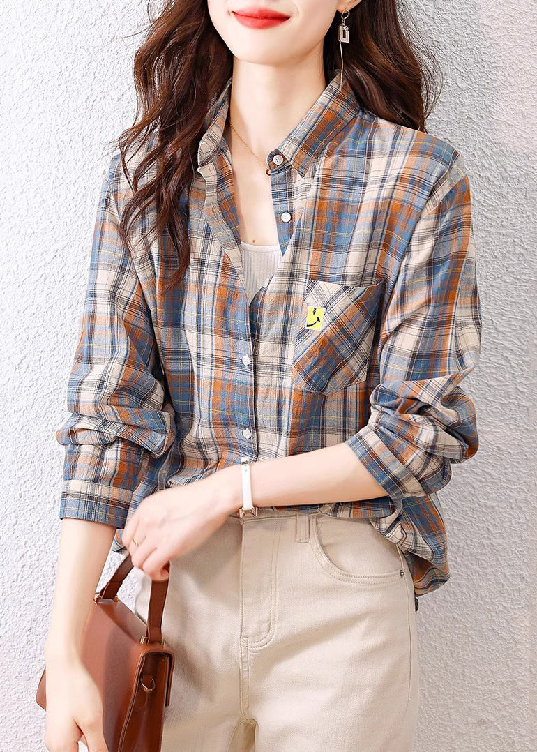 Casual Peter Pan Collar Plaid Cotton Shirts Top Spring