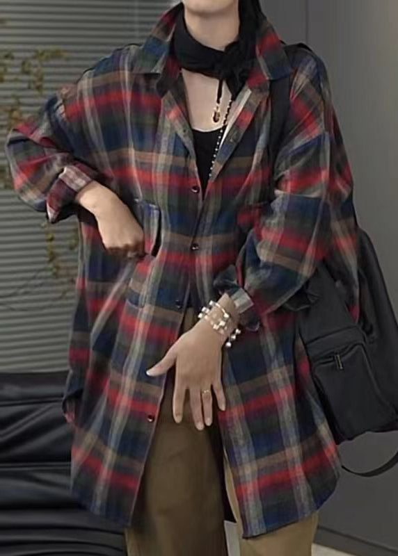 Casual Peter Pan Collar Plaid Pockets Cotton Shirt Tops Fall