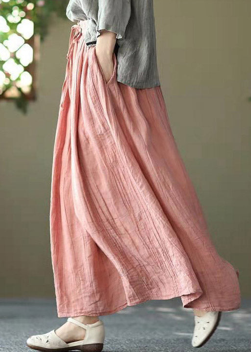 Casual Pink Pockets Wrinkled Tie Waist Linen Skirt