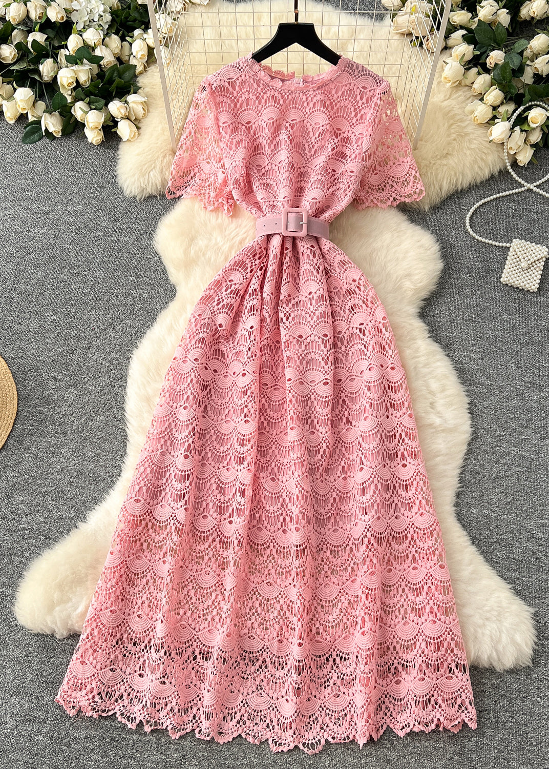 Casual Pink Tie Waist Lace Party Dress Summer