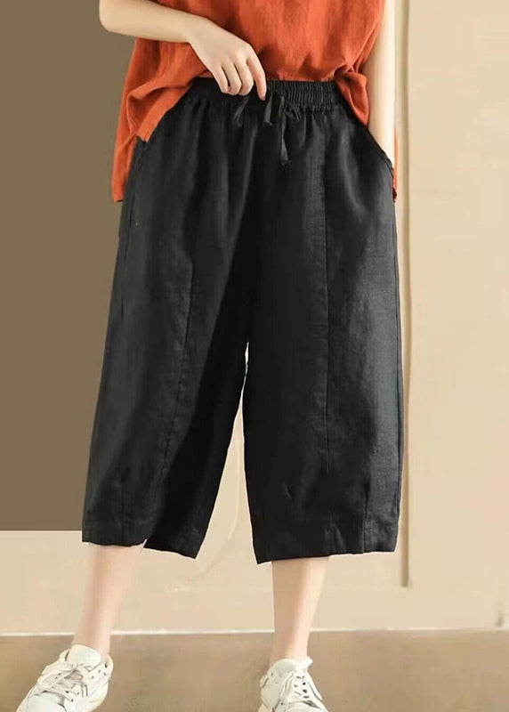 Casual Pockets Elastic Waist Linen Crop Pants Summer