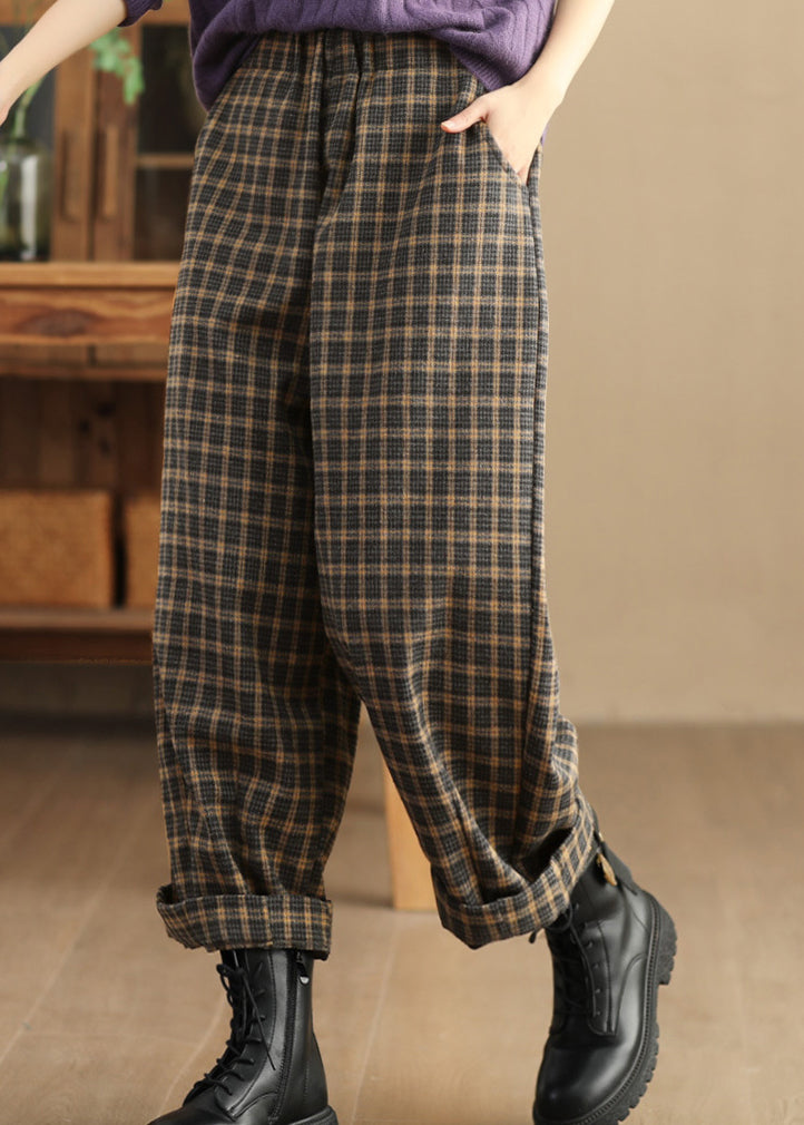 Casual Pockets Plaid Elastic Waist Warm Fleece Trousers Spring