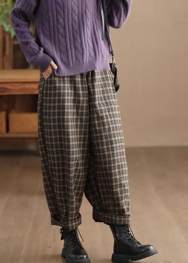 Casual Pockets Plaid Elastic Waist Warm Fleece Trousers Spring