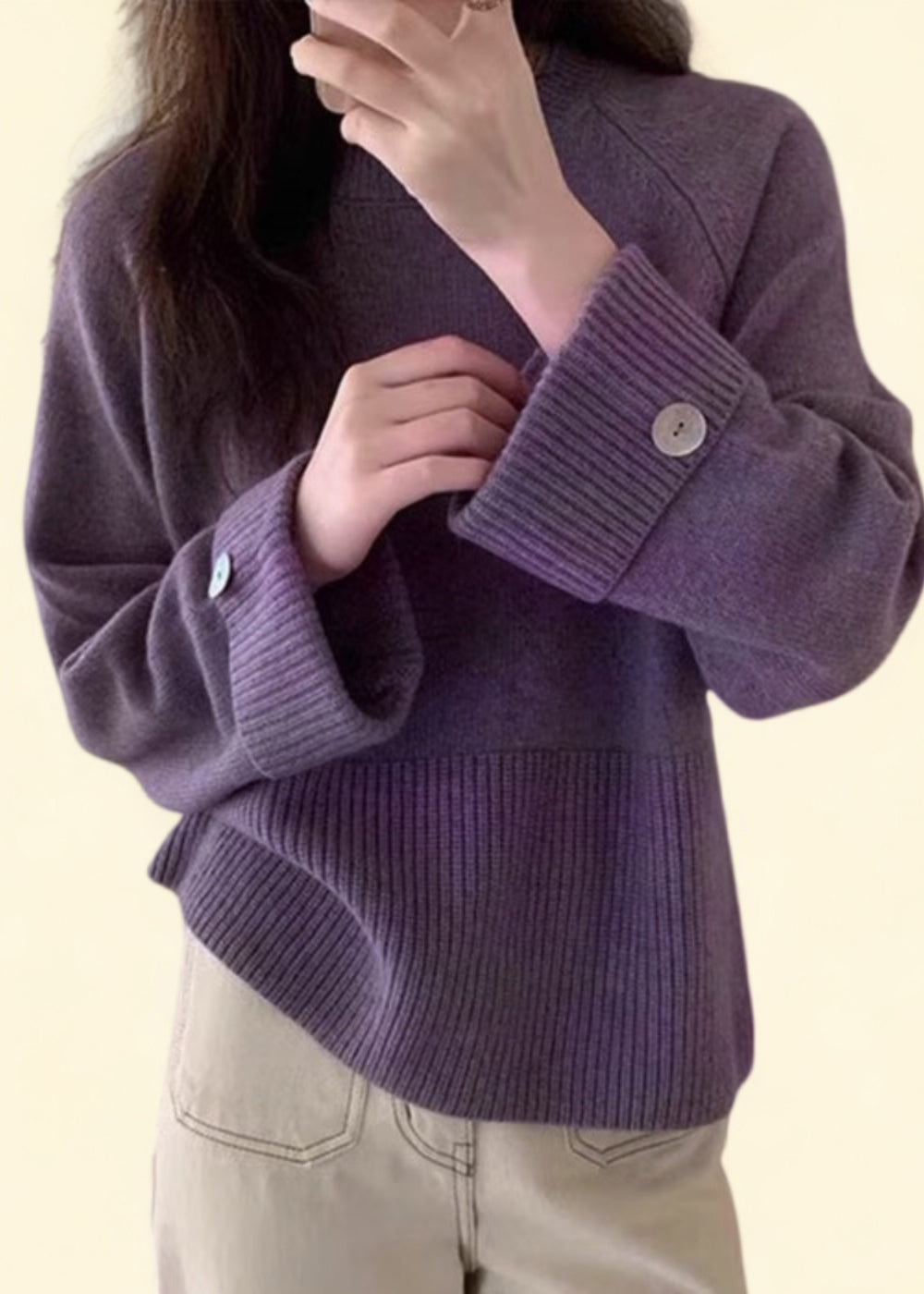 Casual Purple O-Neck Cozy Cotton Knit Sweater Top Fall