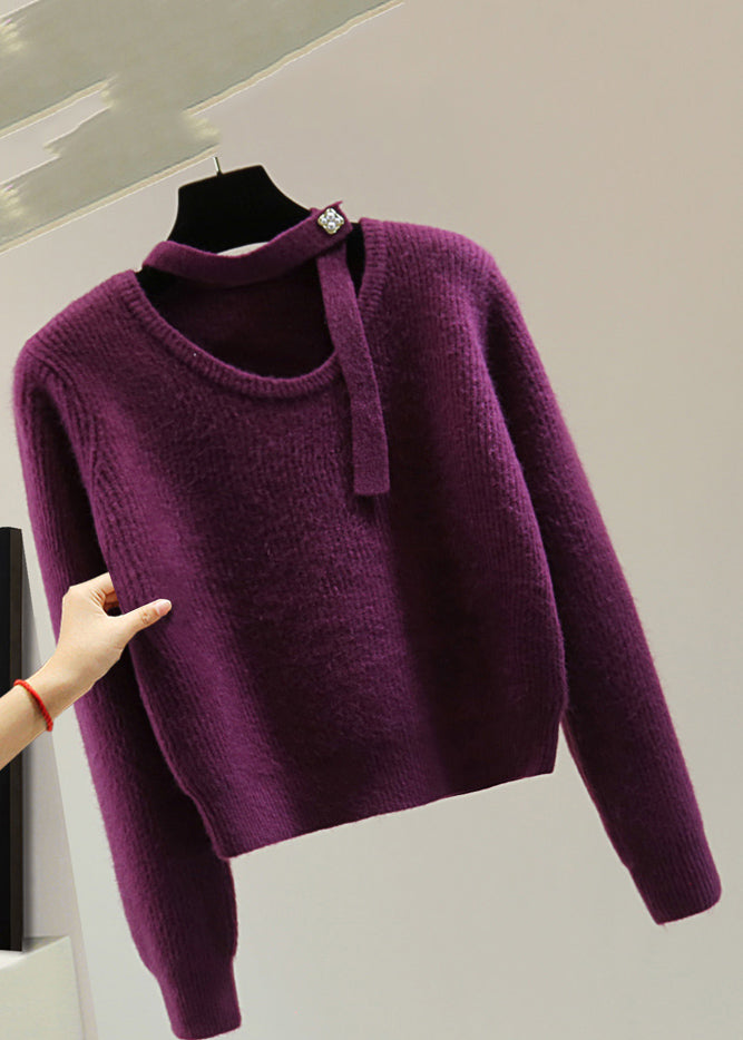 Casual Purple O-Neck Cozy Cotton Knit Sweaters Winter