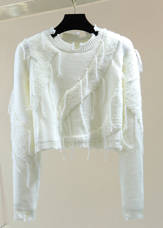 Casual Purple O-Neck Ripped Tassel Cotton Knit Sweater