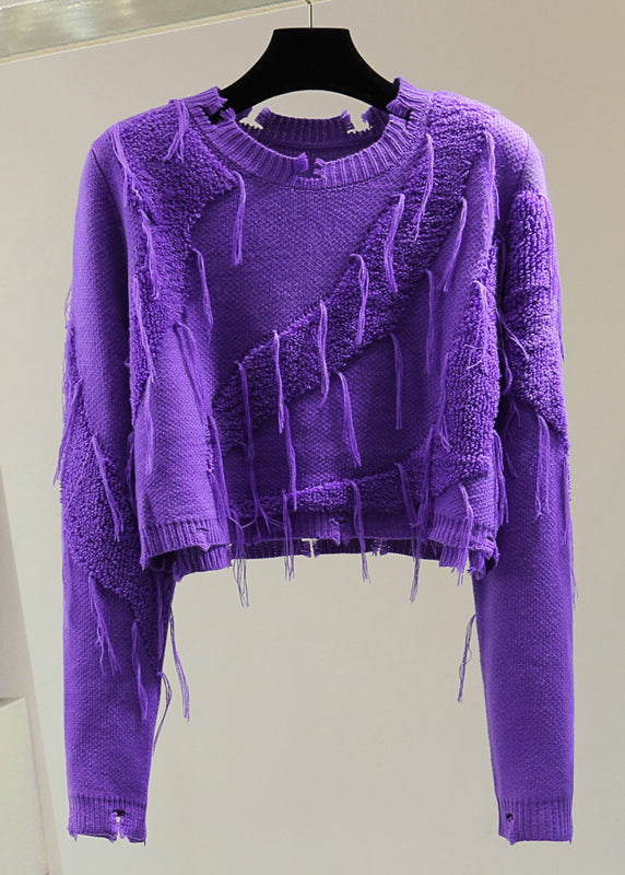 Casual Purple O-Neck Ripped Tassel Cotton Knit Sweater