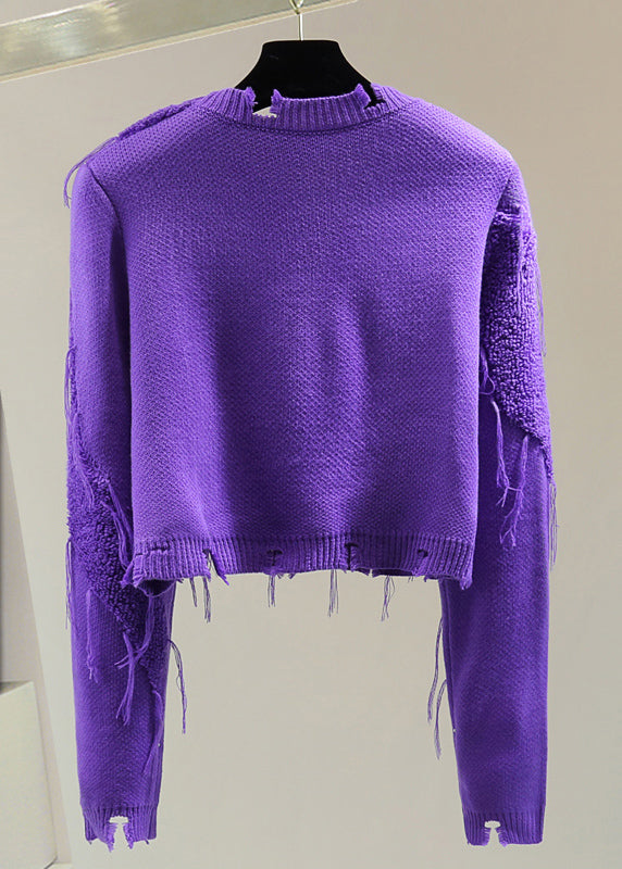 Casual Purple O-Neck Ripped Tassel Cotton Knit Sweater