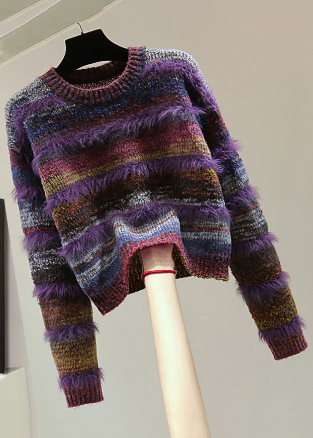 Casual Purple O-Neck Thick Striped Cotton Knit Sweater Top Winter