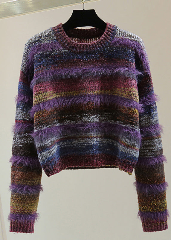 Casual Purple O-Neck Thick Striped Cotton Knit Sweater Top Winter