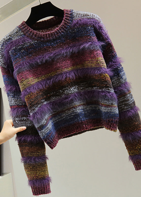 Casual Purple O-Neck Thick Striped Cotton Knit Sweater Top Winter