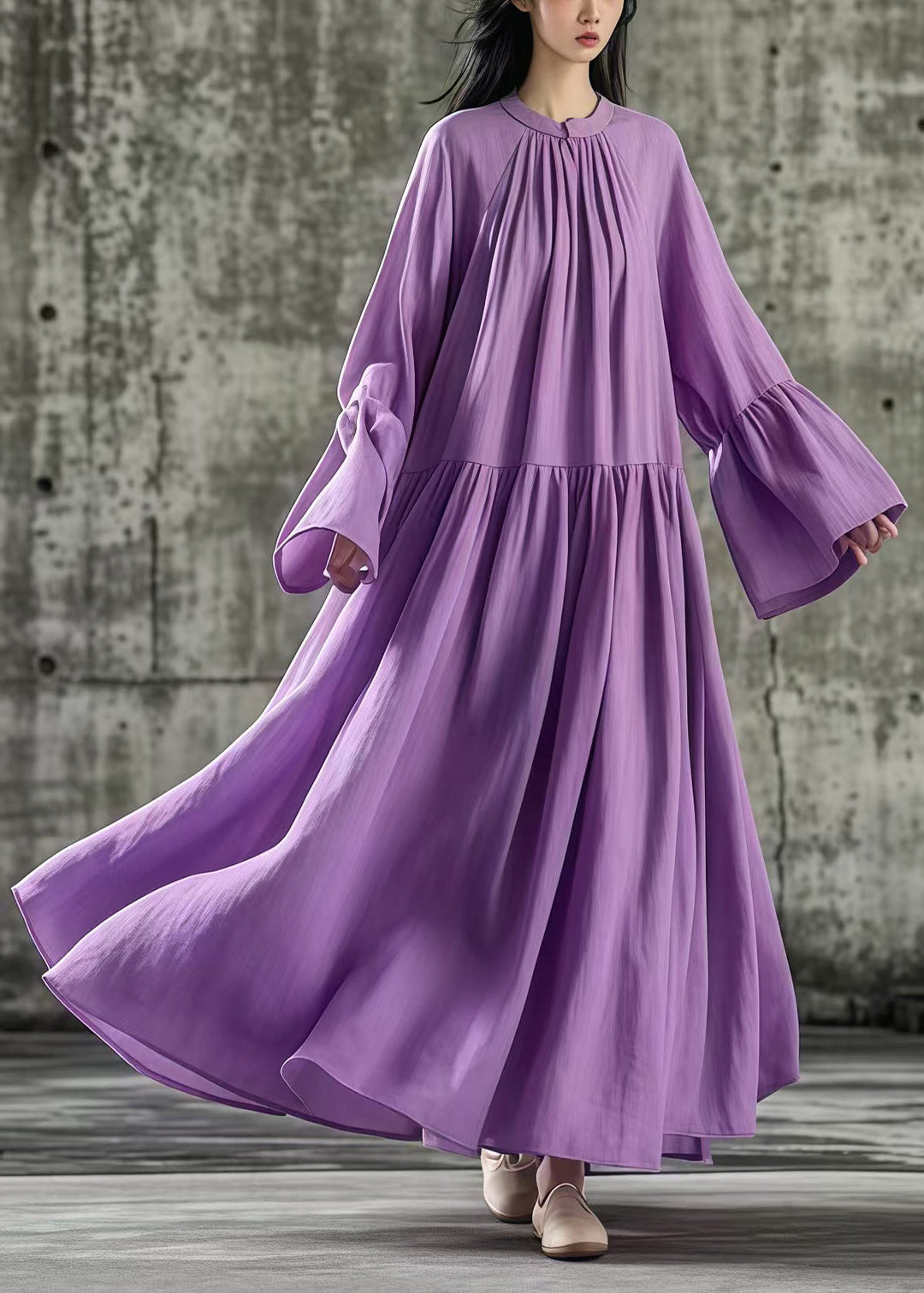 Casual Purple Oversized Exra Large Hem Cotton Dresses Flare Sleeve