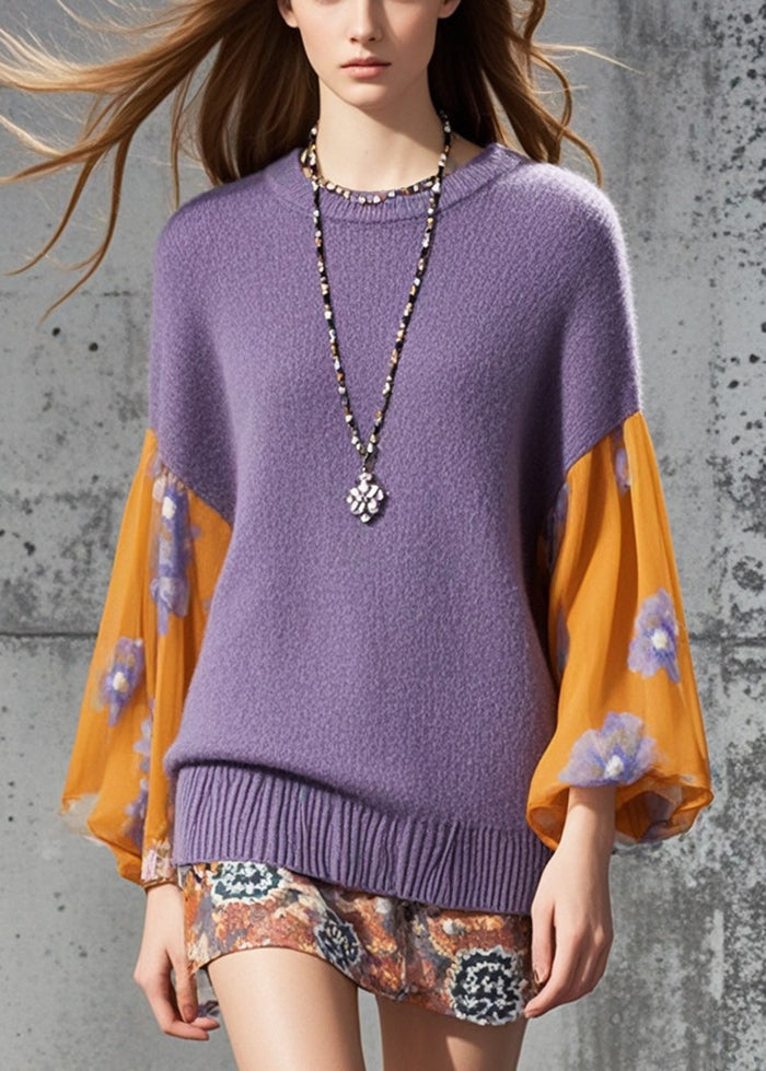 Casual Purple Patchwork Flower Knitted Tops Fall