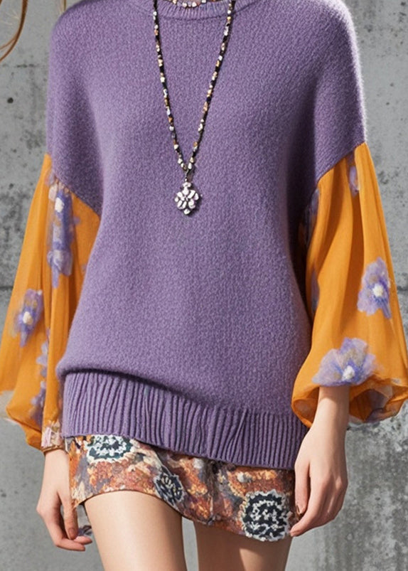 Casual Purple Patchwork Flower Knitted Tops Fall