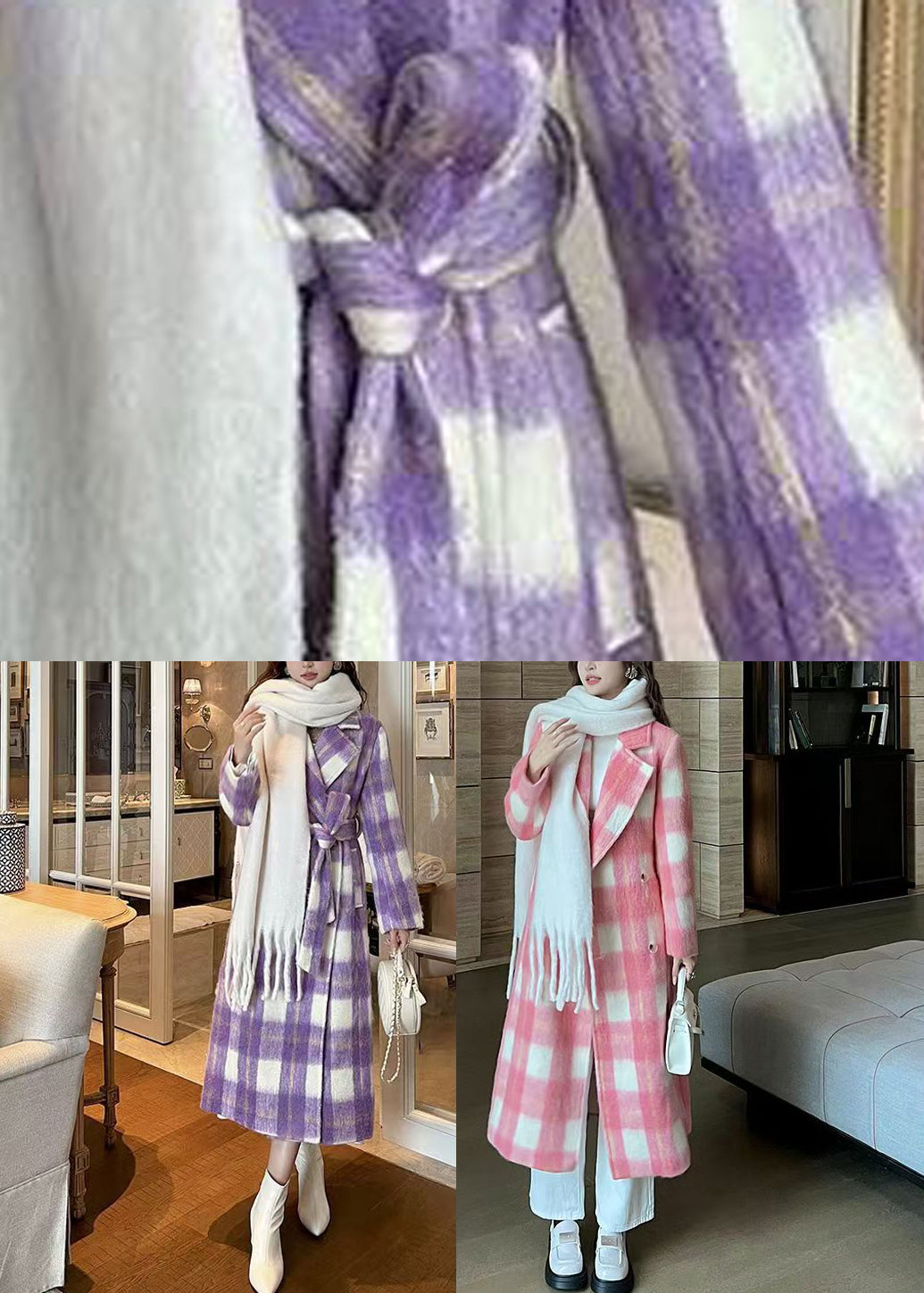 Casual Purple Pockets Plaid Patchwork Long Woolen Coats Winter