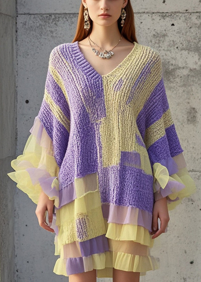 Casual Purple Ruffled Patchwork Knit Sweater Dress Fall