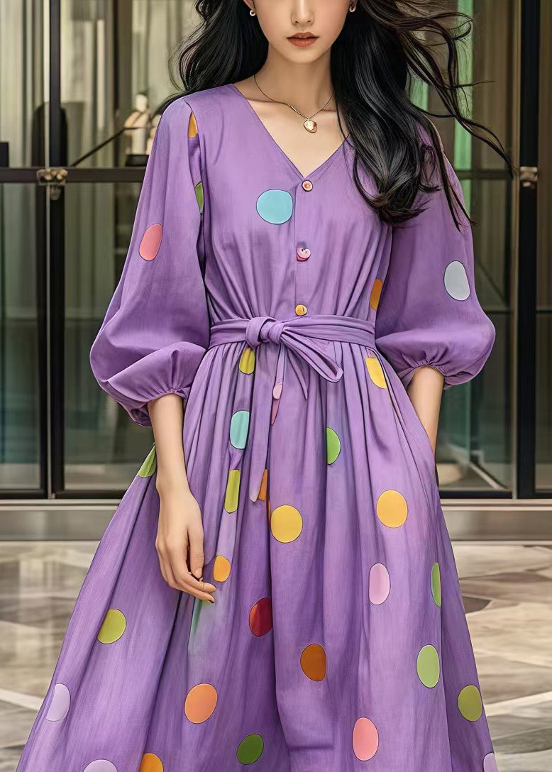 Casual Purple Tie Waist Print Cotton Robe Dresses Fall