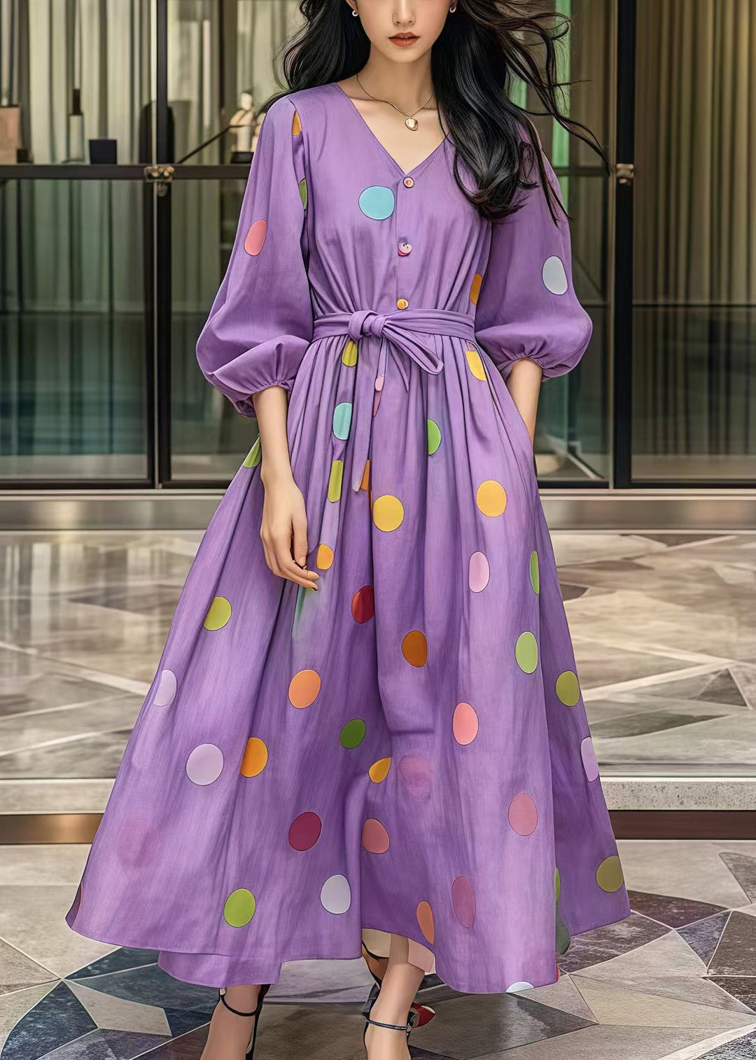 Casual Purple Tie Waist Print Cotton Robe Dresses Fall