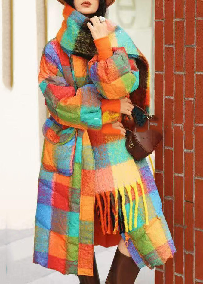 Casual Rainbow Turtleneck Pockets Plaid Long Parka Winter