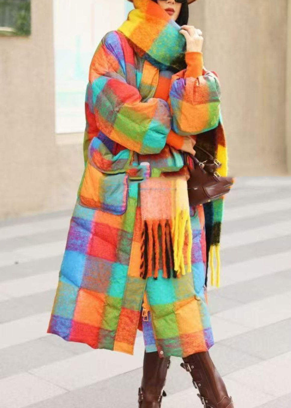 Casual Rainbow Turtleneck Pockets Plaid Long Parka Winter