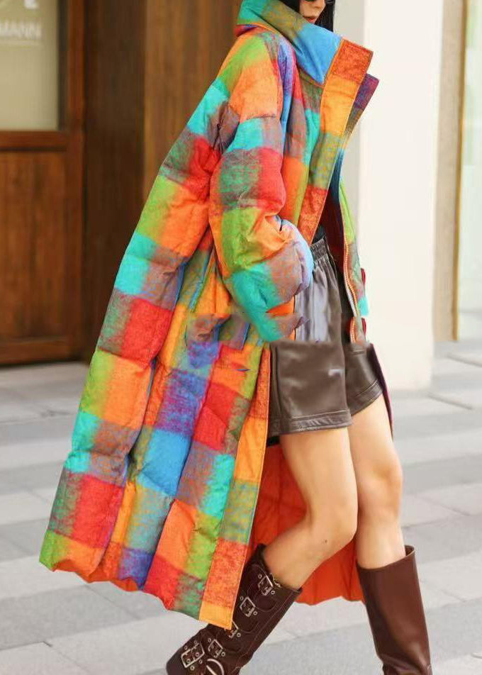 Casual Rainbow Turtleneck Pockets Plaid Long Parka Winter