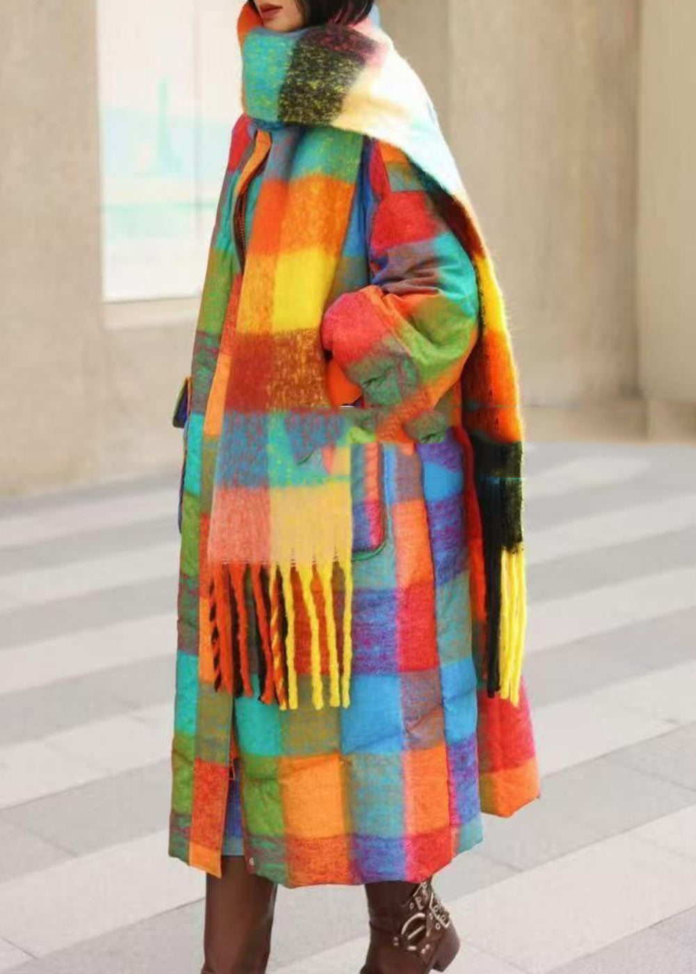 Casual Rainbow Turtleneck Pockets Plaid Long Parka Winter