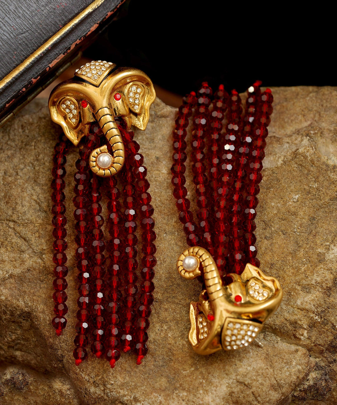 Casual Red Copper 14K Gold Elephant Pearl Tassel Drop Earrings