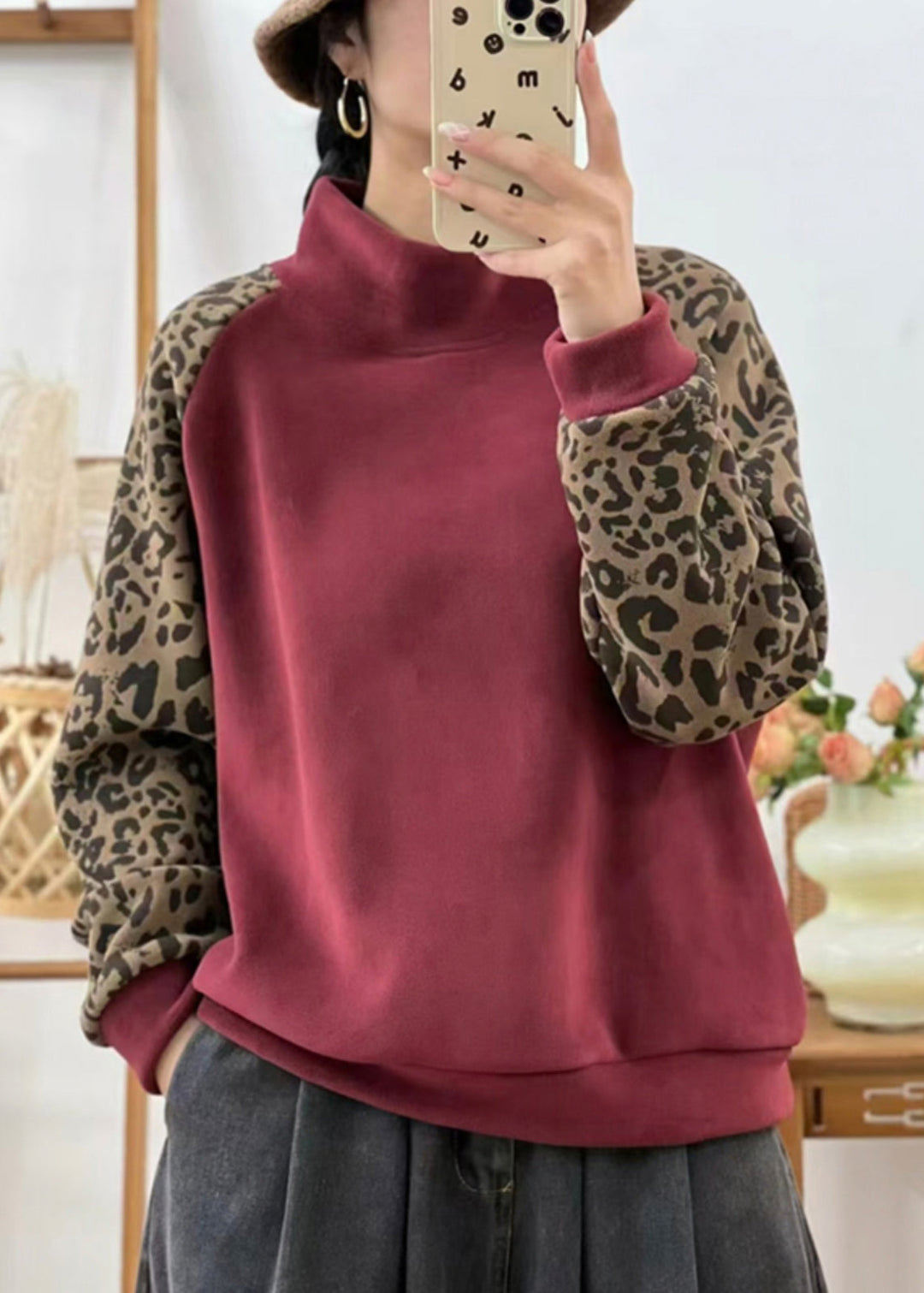 Casual Red Hign Neck Leopard Patchwork Warm Fleece Sweatshirts Top Winter