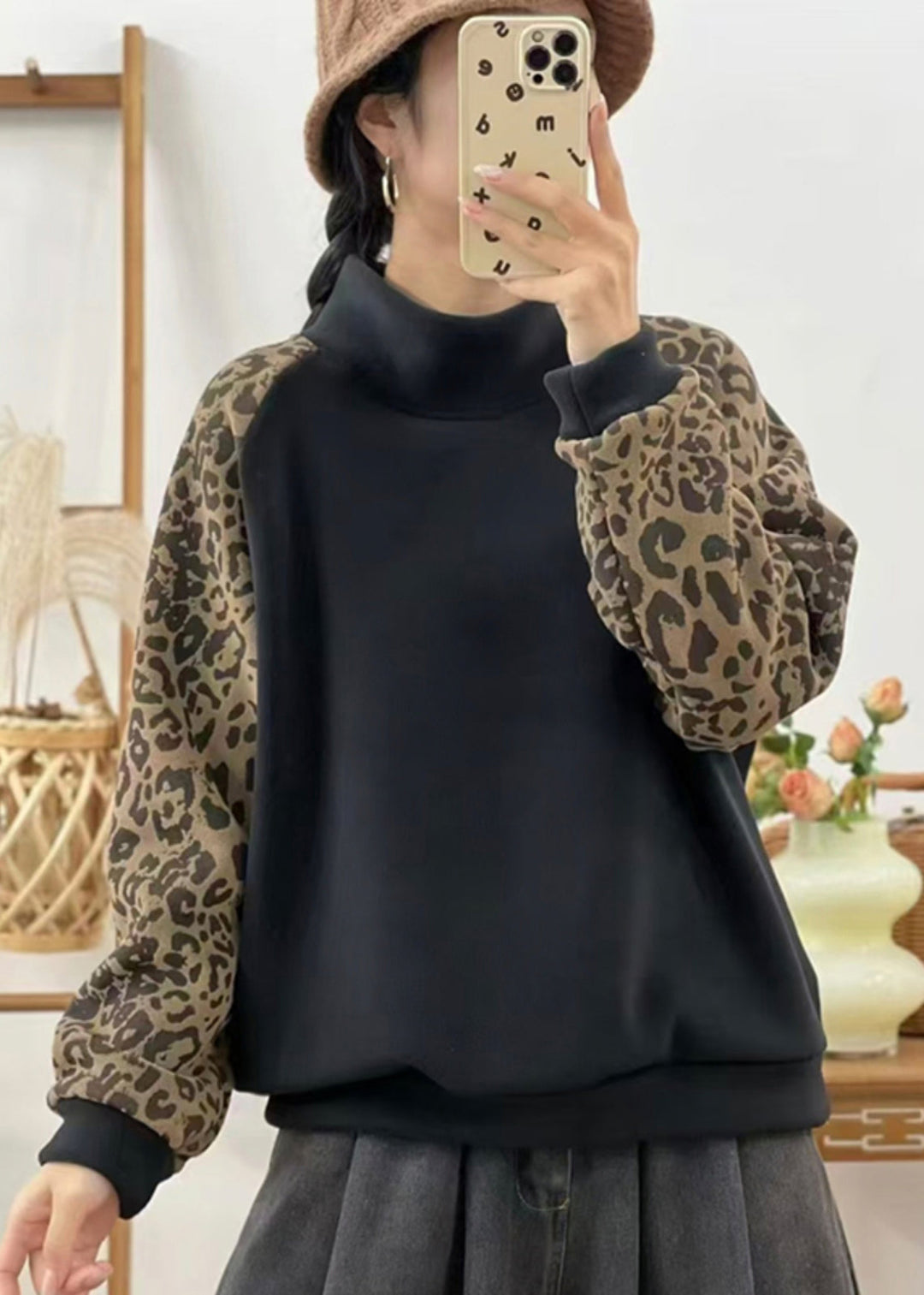 Casual Red Hign Neck Leopard Patchwork Warm Fleece Sweatshirts Top Winter