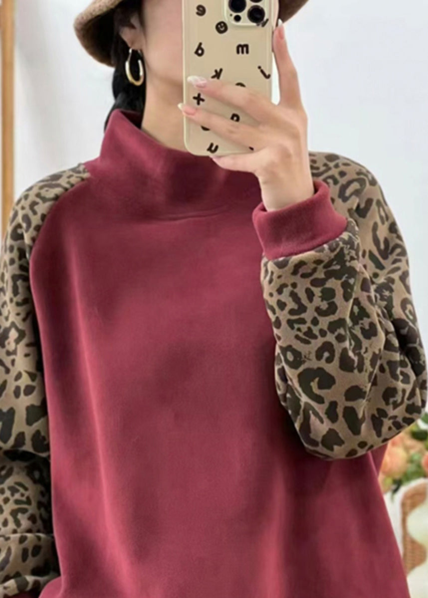 Casual Red Hign Neck Leopard Patchwork Warm Fleece Sweatshirts Top Winter