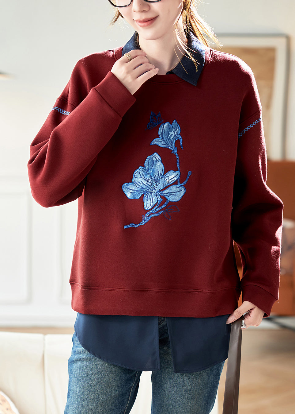 Casual Red O-Neck Embroidered Cotton Sweatshirt Streetwear Spring