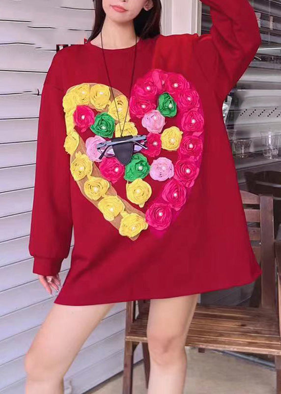 Casual Red O-Neck Floral Sweatshirts Fal