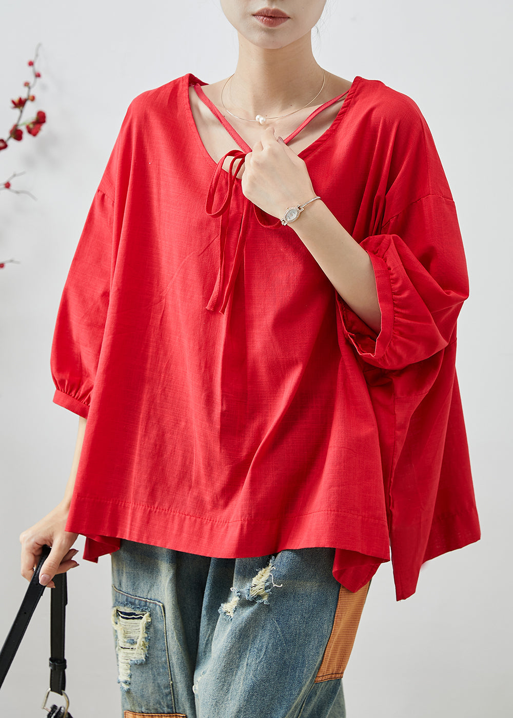 Casual Red Oversized Cotton Shirt Tops Bracelet Sleeve