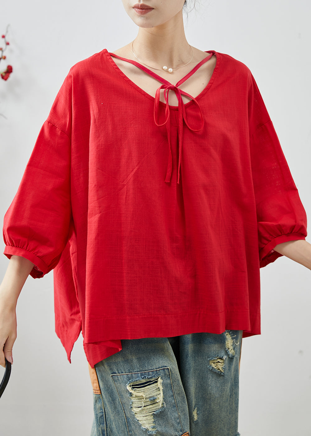 Casual Red Oversized Cotton Shirt Tops Bracelet Sleeve