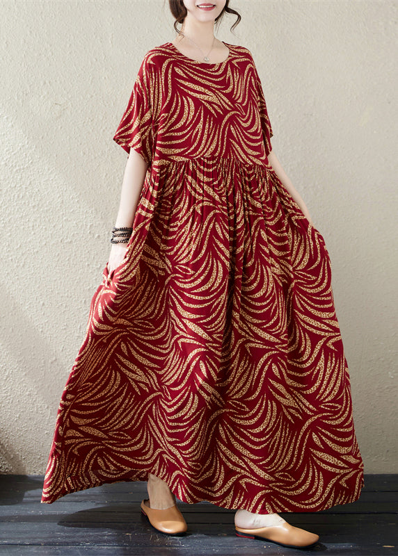 Casual Red Oversized Print Cotton Long Dresses Summer