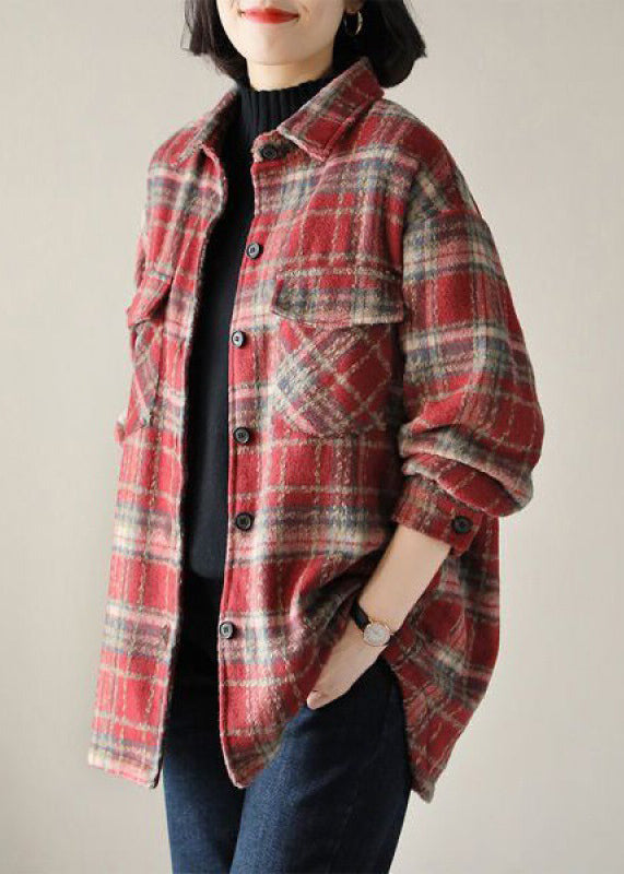 Casual Red Peter Pan Collar Plaid Cotton Shirt Tops Spring