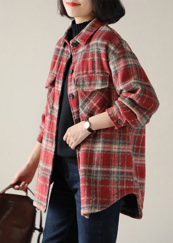 Casual Red Peter Pan Collar Plaid Cotton Shirt Tops Spring