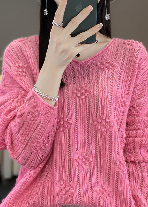 Casual Rose V Neck Hollow Out Cotton Knit Sweaters Fall