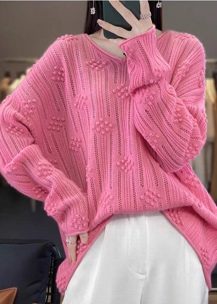 Casual Rose V Neck Hollow Out Cotton Knit Sweaters Fall