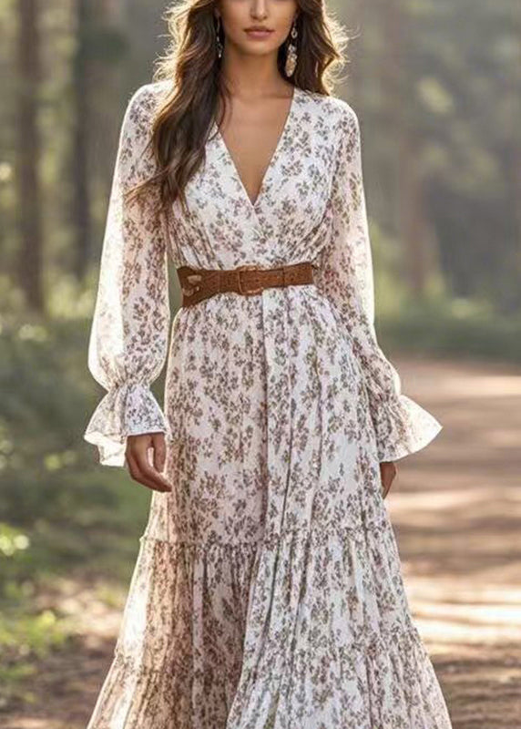 Casual V Neck Patchwork Chiffon Long Dresses Petal Sleeve